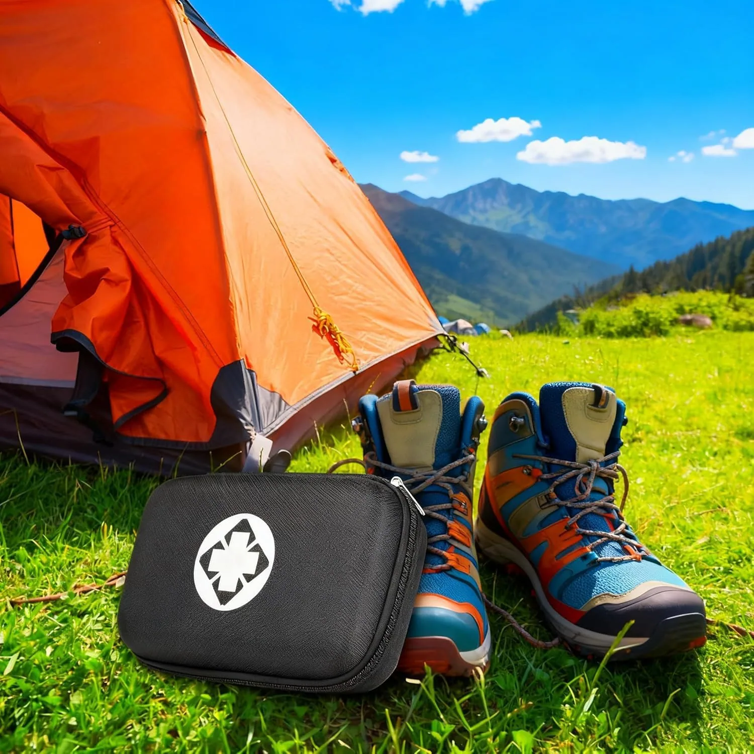 A black AMORNING first aid kit on the grass by an orange tent and hiking boots
