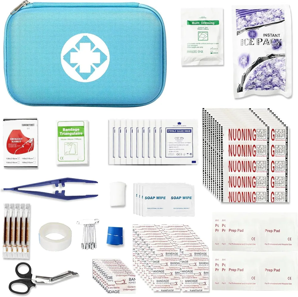 A blue AMORNING first aid kit with its supplies laid out around it