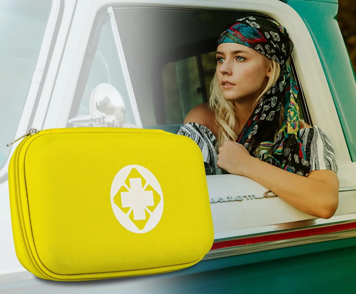 A yellow AMORNING first aid kit on the door of a vintage truck, the driver at the window